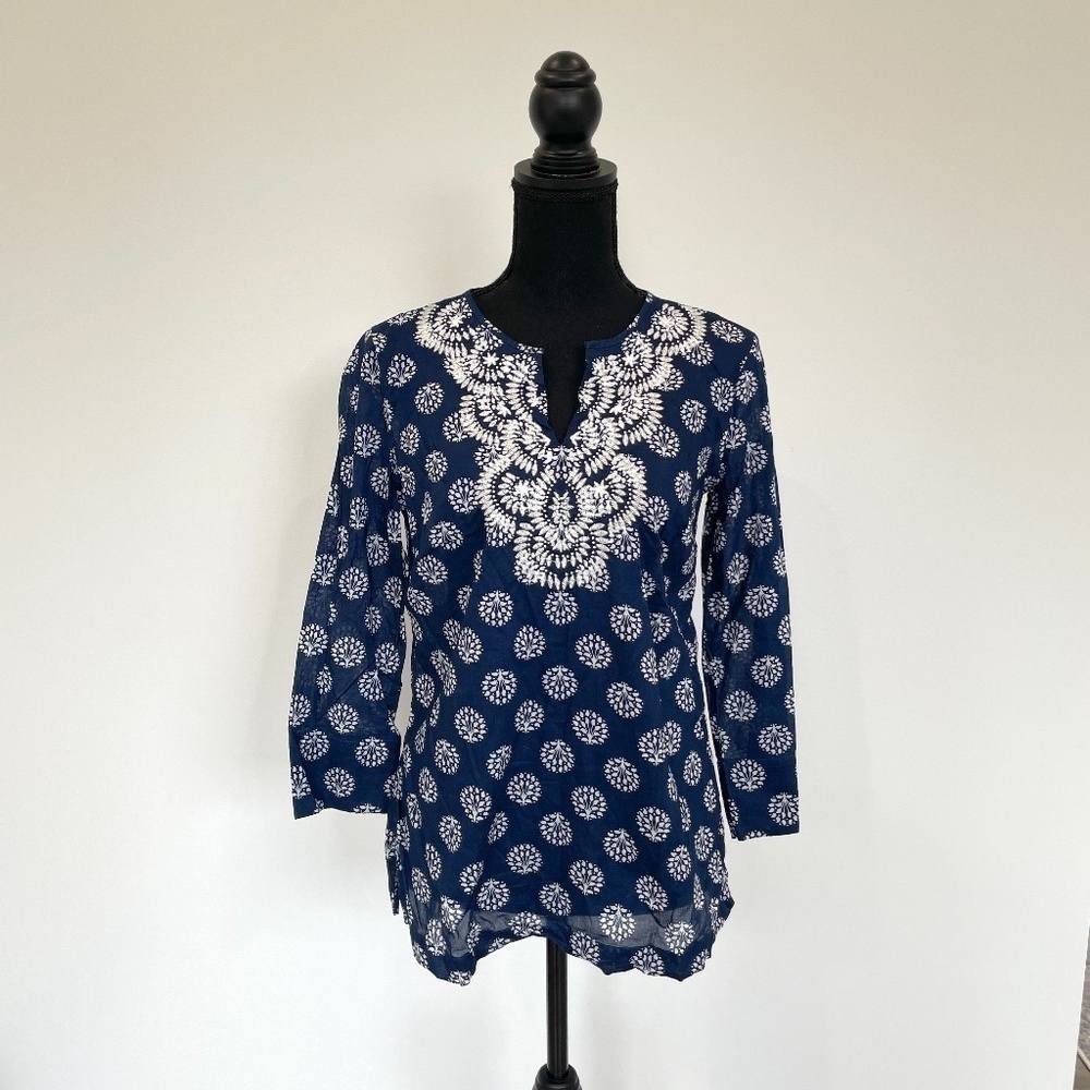 Talbots V-Neck Sheer 3/4 Sleeve Blue Top